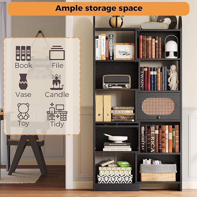IRONCK Bookshelf and Bookcase with 2 Rattan Design Flip-top Storage Cabinets, 6 Tier 8 Cube Bookcases Storage Shelves Organizer for Living Room, 35.4" Black