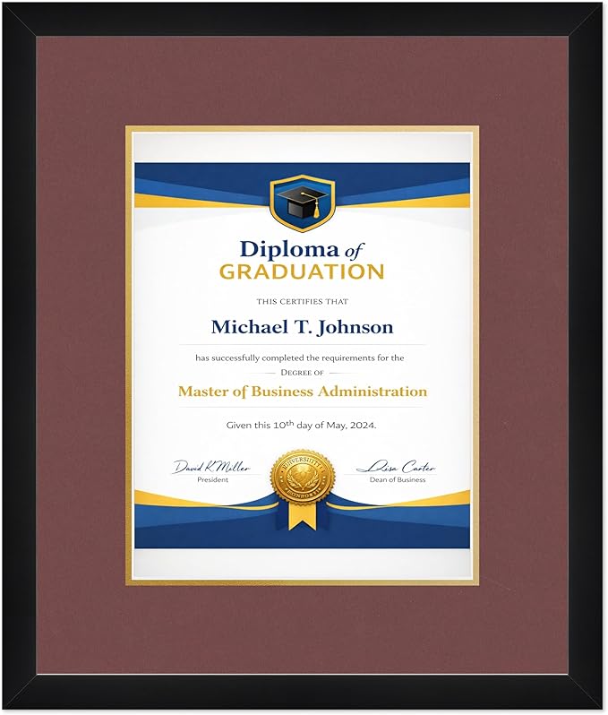 Diploma Frame Matte Black with Dark Red Over Gold Double Mat - Fits 10 x 13 College Diploma (Portrait Traditional) Wall Display Made in the USA