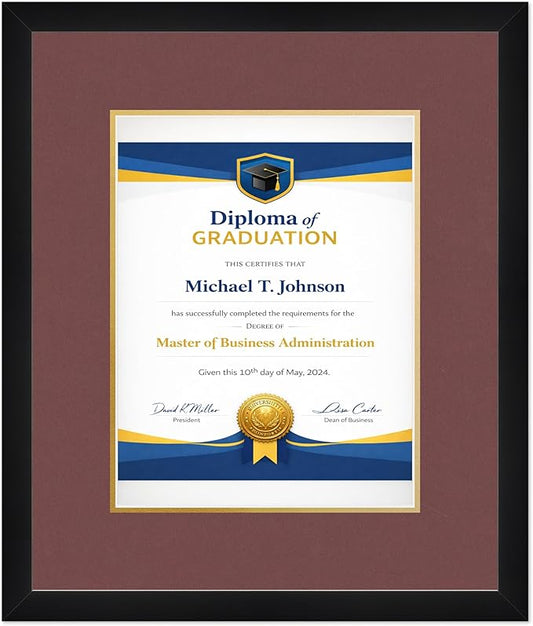 Diploma Frame Matte Black with Dark Red Over Gold Double Mat - Fits 10 x 13 College Diploma (Portrait Traditional) Wall Display Made in the USA