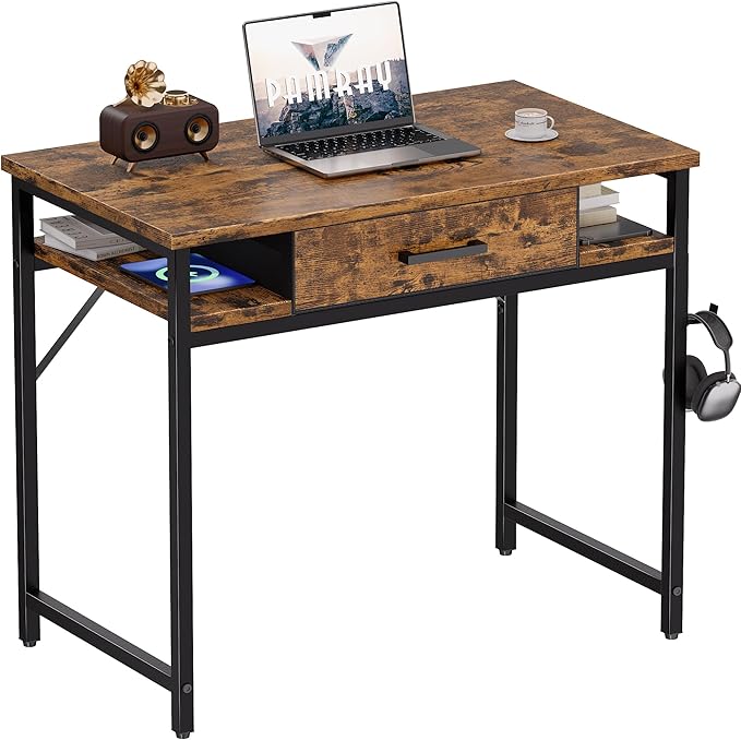 Pamray 32 Inch Small Computer Desk with Drawer and Shelves Simple Study Work Table for Bedroom Vintage
