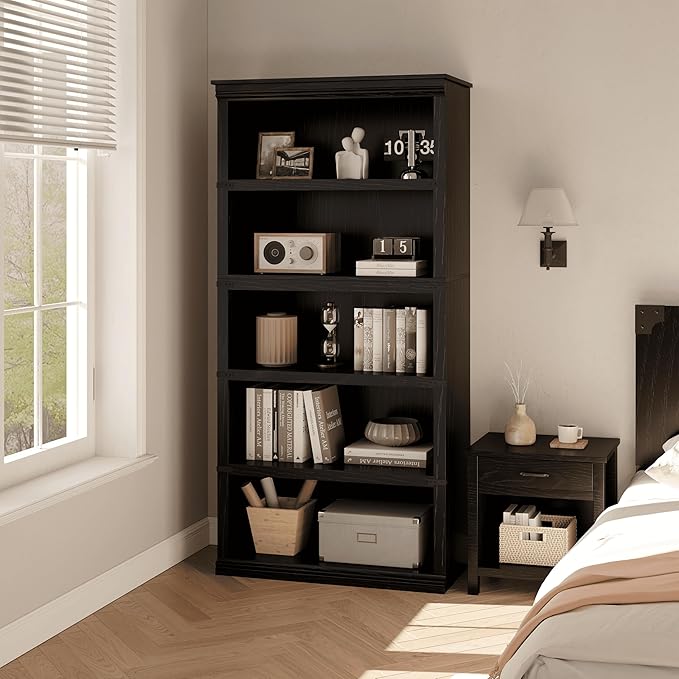 GarveeHome 5 Tier Farmhouse Bookcase, 67.4" Tall Book Shelf with Storage, Wooden Bookshelves 5 Shelf Display Shelves for Home Office(67.4" H x 31.5" W x 12.8" D) (Black, 67.4" H x 31.5" W x 12.8" D)