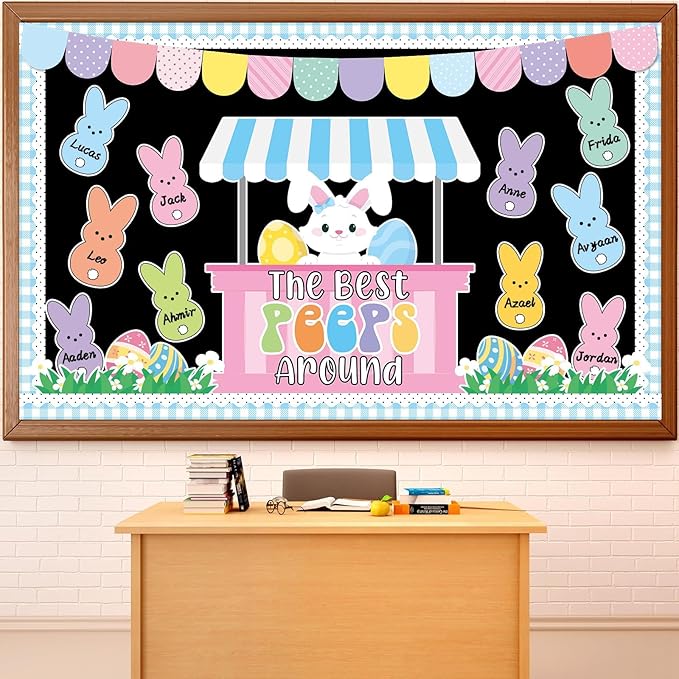 Easter Bunny Bulletin Board Decorations Set Easter Peeps Classroom Decorations Spring Easter Eggs Rabbit Paper Cutouts Colorful DIY Name Tags Craft for School Wall Door Decor Office Teacher Supplies