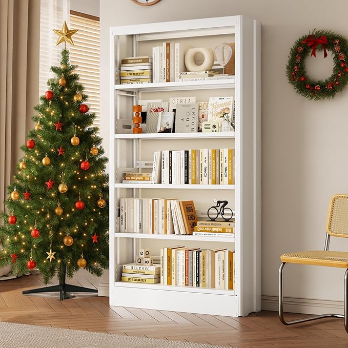 71 Tall Metal Bookshelf, White Bookcase Industrial, 5-Tier Bookshelf Storage with Adjustable Shelf, Modern Book Shelves Heavy Duty with Bookend for Home, Office, Library, Includes Book Stoppers