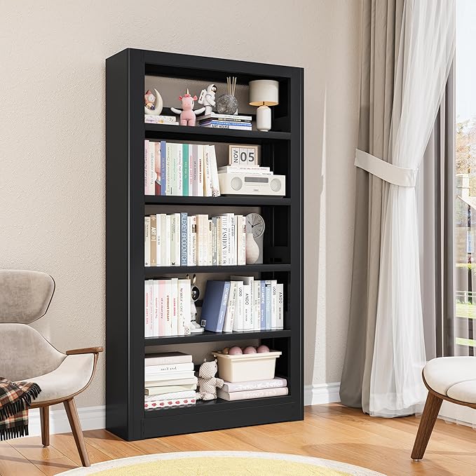 Large Metal Bookcase, 69” Modular Bookshelf with Storage, 5 Tier Bookcase with Adjustable Shelves, Extra Tall Book Shelves, Modern Book Case for Library, Office, Entryway, Living Room（Black）