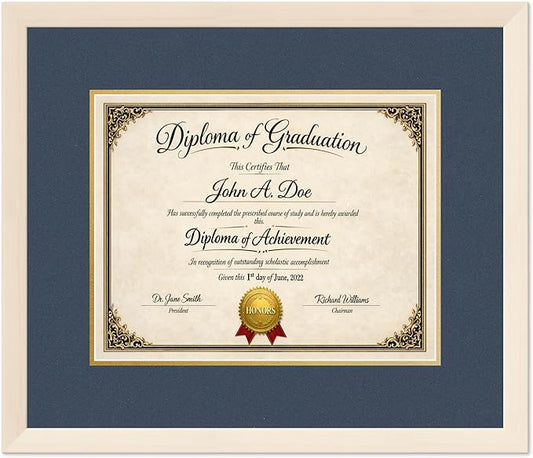 Diploma Frame Coastal Whitewash with Navy Blue Over Gold Double Mat - Fits 14 x 11 College Diploma (Modern) Wall Display Made in the USA