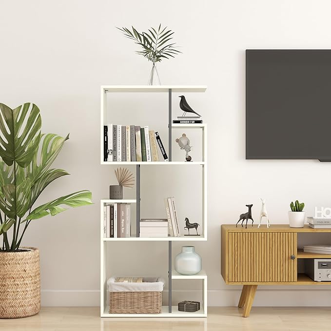 Manora 3 Tier Geometric Bookcase, S Shaped Bookshelf, Modern White Bookcase with Tall Display Shelves, Decorative Storage Shelf for Living Room and Bedroom