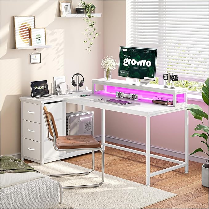 EnHomee L Shaped Gaming Desk with Drawers & Power Outlet, Small Computer Desk with LED Lights, Reversible White Office Desk with Monitor Stand for Gaming,Study Room,Home Office,Bedroom,White