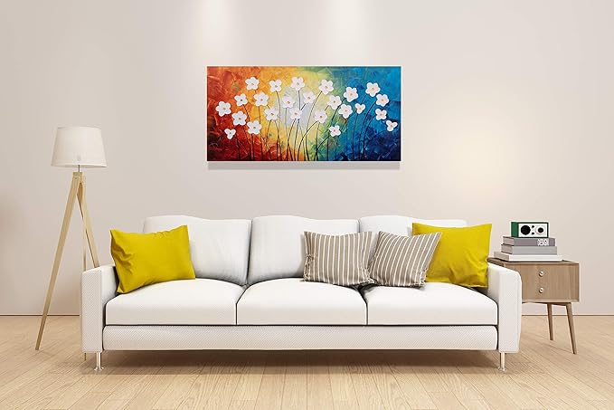 Yihui Arts Hand Painted Textured Flower Oil Painting on Canvas - Colorful Abstract White Floral Wall Art for Living Room, Bedroom, Modern Home Decor