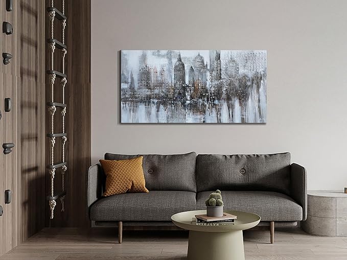Arjun Abstract Cityscape Canvas Wall Art - New York City Modern Wall Decor, NYC Urban Skyline Painting Grey and White Textured Framed Large Artwork Living Room Bedroom Home Office 40"x20"