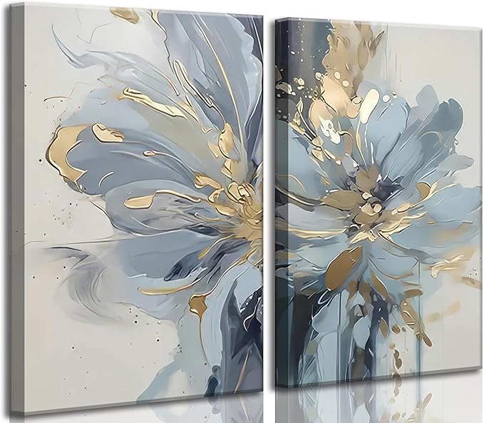 2Pcs Neutral Abstract Floral Canvas Wall Art Luxurious Light Blue Grey And Gold Flower Painting Pictures Wall Decor Poster Print Artwork for Living Room Bedroom Bathroom Home Decoration
