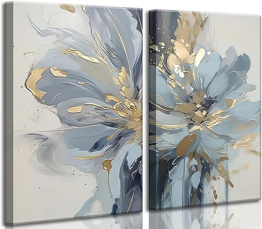 2Pcs Neutral Abstract Floral Canvas Wall Art Luxurious Light Blue Grey And Gold Flower Painting Pictures Wall Decor Poster Print Artwork for Living Room Bedroom Bathroom Home Decoration