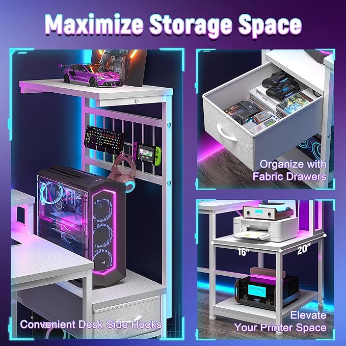 55" Gaming Desk with LED Lights & Outlets,Computer Desk with Drawers & Monitor Stand,Gaming Table with Storage Shelves & Printer Space for Game Room,Study Room,Home Office,Bedroom,White