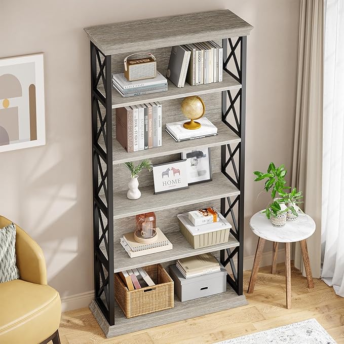 Tribesigns 6-Tier Bookcase Set of 2, 71 Inches Industrial Bookshelves and Bookcases, Floor Standing 5 Shelf Display Storage Shelves Tall Bookcase for Home Office, Living Room, Bed Room, Grey