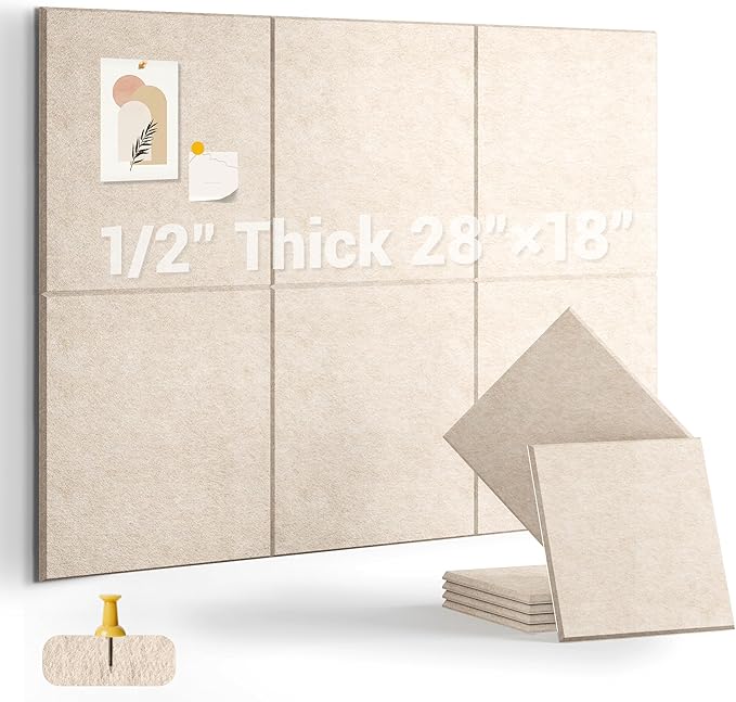 1/2" Thick Cork Board for Office, 6 Pack Felt Wall Tiles -28"x18" with Safe Adhesive Tabs, Large Bulletin Board, Push Pin Board Organizer Wall - Beige