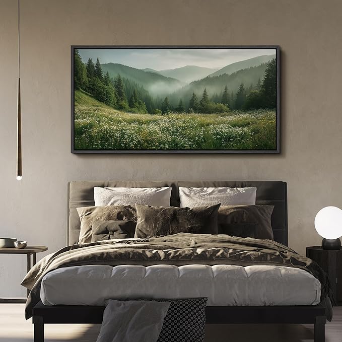 SIGNFORD Extra Large Framed Canvas Print Wall Art Misty Green Valley Meadow Landscape Illustrations Modern Art Calm Warm for Living Room, Bedroom, Office - 60"x30"