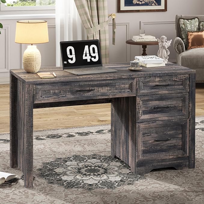 Vabches Farmhouse Executive Desk with Drawers, Home Office Desk with File Drawer, Wood Computer Desk with Ample Storage, Rustic Office Desk with Spacious Tabletop for Work, Dark Oak