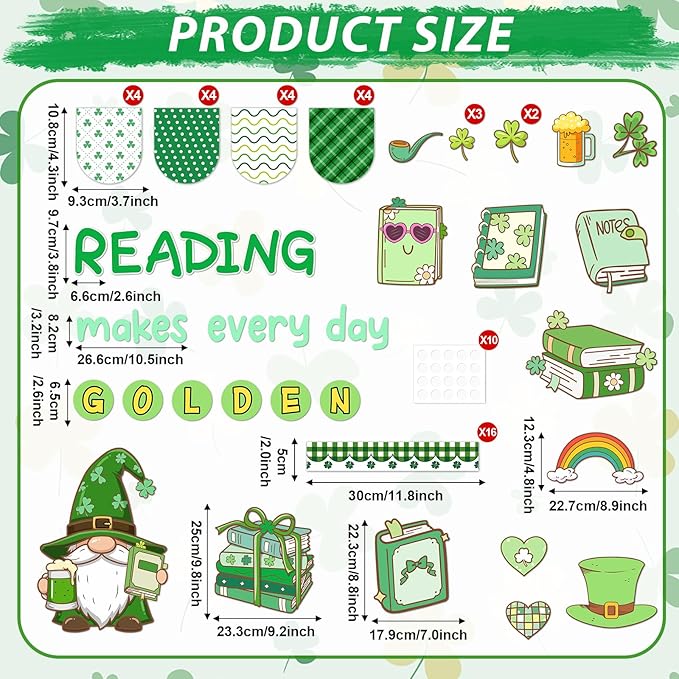 St. Patrick's Day Reading Bulletin Board Set Motivational Reading Classroom Decoration St. Patrick Bulletin Board Lucky Shamrock Gnomes Cutouts for Irish Holiday Home Classroom Chalkboard Wall Decor