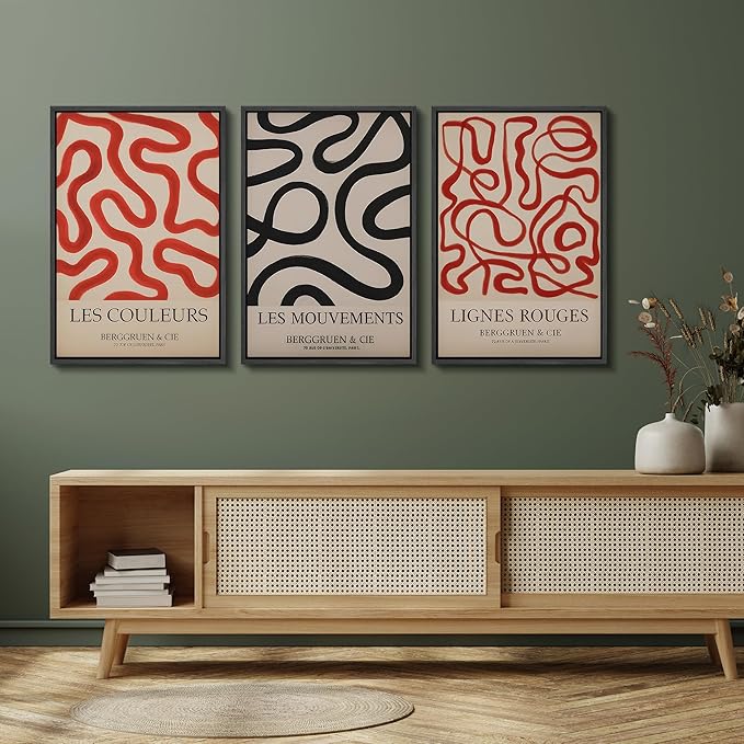 SIGNFORD Framed Wall Art Print Set French Modern Abstract Line Red and Black Curved Shapes Digital Art Modern Art Contemporary for Living Room, Bedroom, Office - 24"x36"x3 BLACK