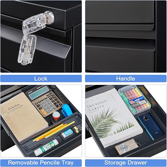 Yizosh 3 Drawer Mobile File Cabinet with Lock, Black Under Desk Rolling Filing Cabinet, Metal Locking File Cabinet on Wheels for Legal/Letter/A4 File (Required Assemble)