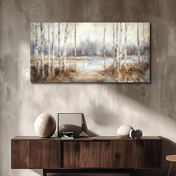 QIYILEXWART Large Wall Decor For Living Room Stretched And Framed Canvas Wall Art For Office Wall Decorations For Bedroom Birch Forest Painting By The Lake Picture Home Decor Ready To Hang