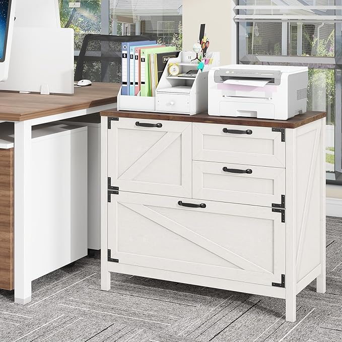 Vabches Lateral File Cabinet, Farmhouse 4 Drawer File Cabinet for Letter/Legal/A4 Size Hanging Files, Large Wood File Storage Cabinets Printer Stand for Home Office, Rustic White