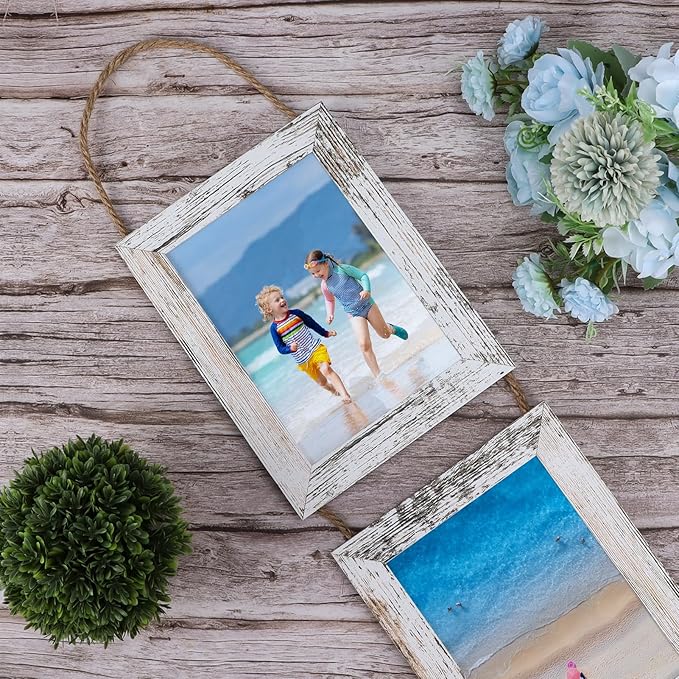 Lavezee 5x7 Collage Hanging Triple Picture Frames Set, 6 Opening Distressed White Vertical Frame Made to Display 5 by 7 Inch Photo Prints for Wall Decor