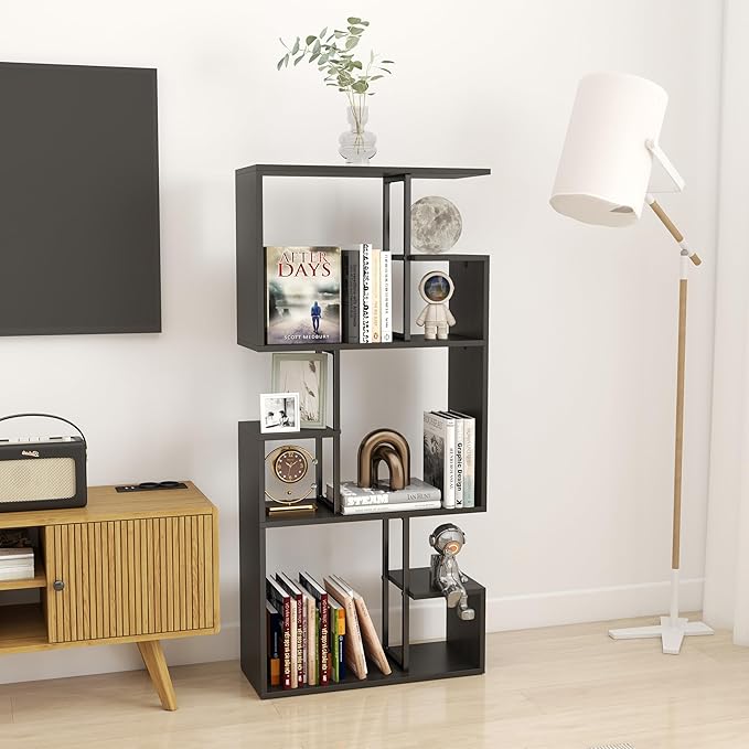 Manora 3 Tier Geometric Bookcase, S Shaped Bookshelf, Modern Black Brown Bookcase with Tall Display Shelves, Decorative Storage Shelf for Living Room and Bedroom