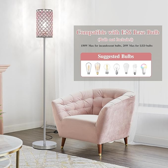 Crystal Floor Lamp for Bedroom, Silver Floor Lamp with Pink Shade, Girls Lamp with On/Off Foot Switch, Elegant Standing Light Tall Pole Lamp for Living Room, Dresser, Office (E26 Base)