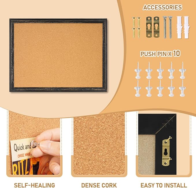 DOLLAR BOSS Cork Board for Office 24 X 18 Inches Cork Boards for Walls Bulletin Board, Decorative Hanging Pin Board Rustic Wooden Frame Vision Board Cork Notice Board for Office Home Decor, Black