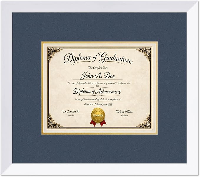 Diploma Frame Bright White with Navy Blue Over Gold Double Mat - Fits 10 x 8 Professional License Wall Display Made in the USA