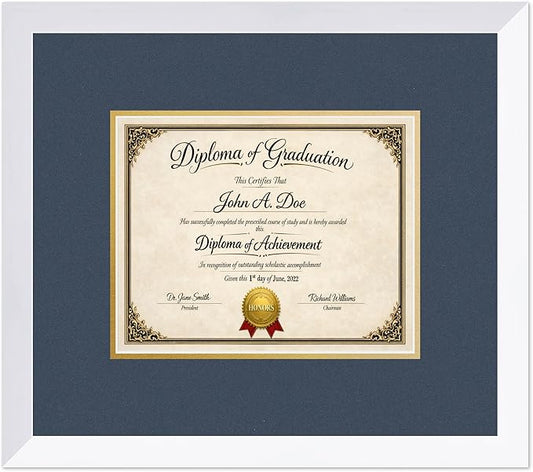 Diploma Frame Bright White with Navy Blue Over Gold Double Mat - Fits 10 x 8 Professional License Wall Display Made in the USA