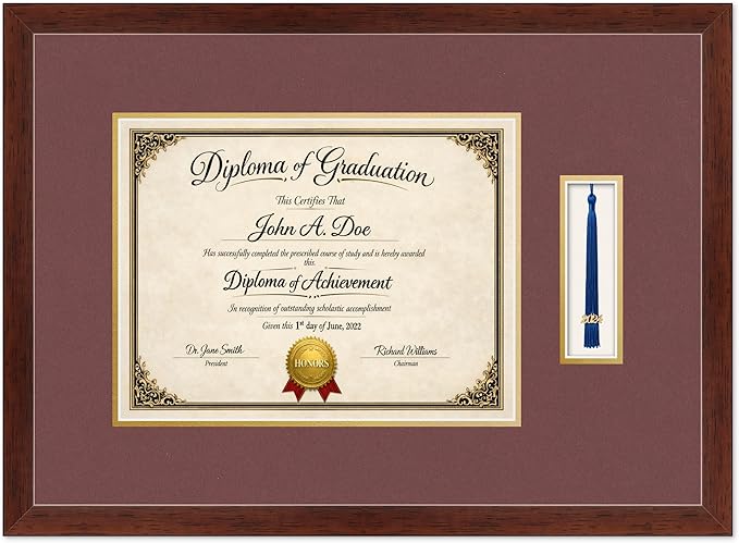 Diploma Frame with Tassel Holder Rustic Walnut Shadowbox Dark Red Over Gold Mat - Fits 13 x 10 Degree Made in the USA