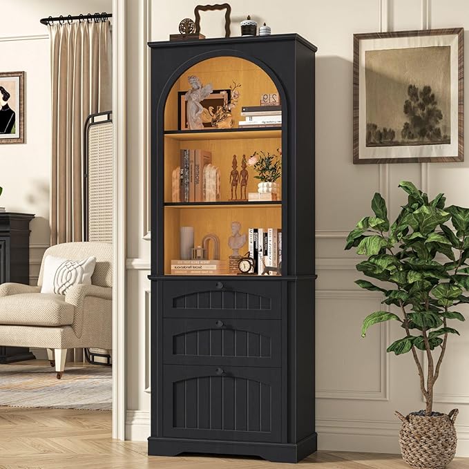 Farmhouse File Cabinet Fits Letter/Legal/A4 Size Hanging File Folders, 3-Tier Floor Standing Bookcase with File Drawer and Open Shelf, Wood Filing Cabinet Printer Stand for Home Office, Black