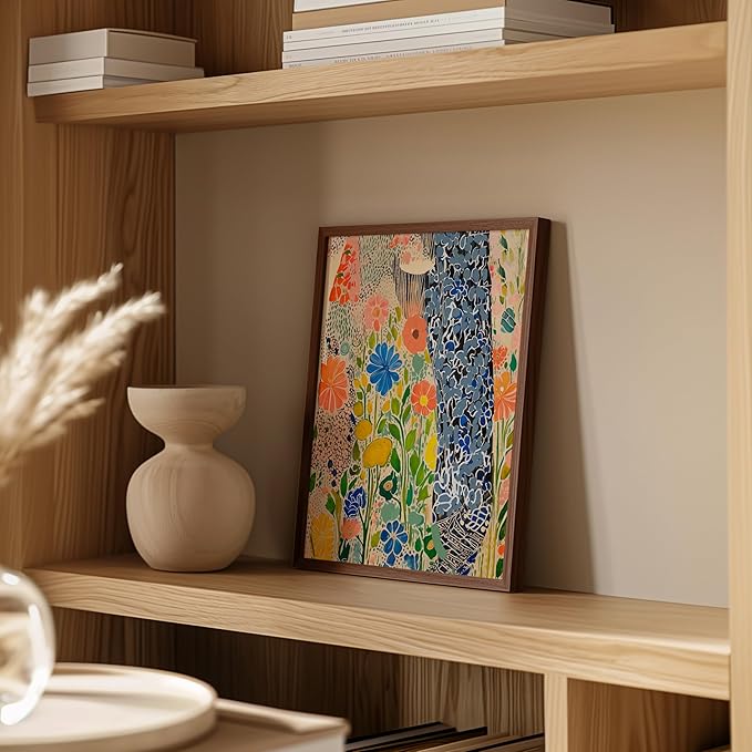 HAUS AND HUES Floral Art Wall Decor - Wildflowers Wall Art for Living Room, Floral Artwork for Bedroom Walls, Flower Painting for College Girls Dorm Room (Spring Florals, Walnut Frame, 11x14)