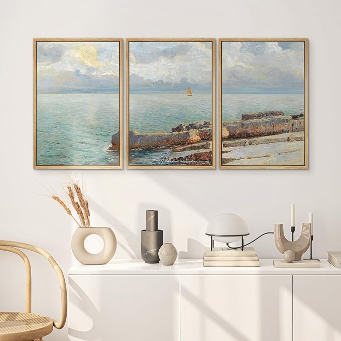 SIGNWIN Framed Canvas Print Wall Art Set Coastal Seascape Classic Ocean View with Sailboat and Rocky Shoreline Illustrations Modern Art Decorative for Living Room, Bedroom, Office - 24"x36"x3 Natural