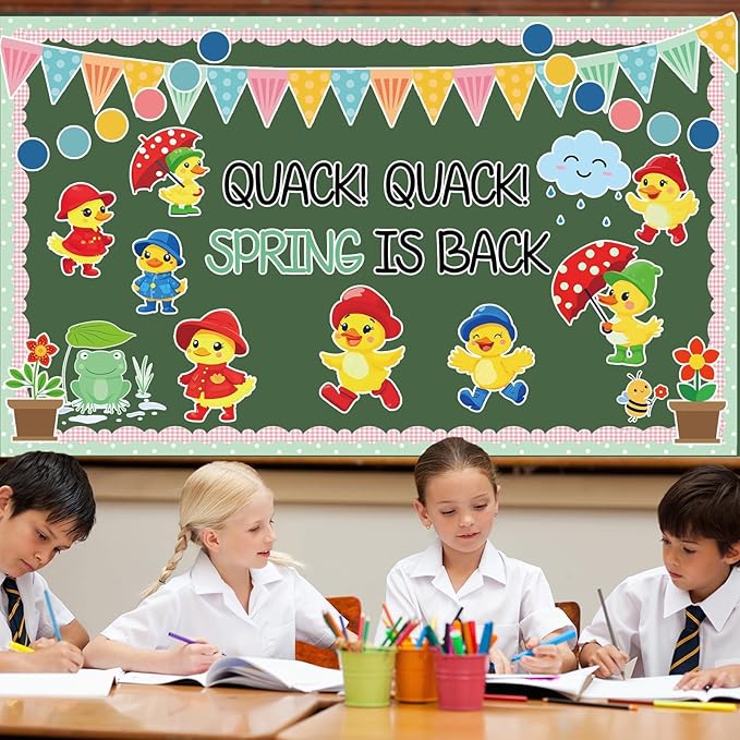 Quark Quark Spring is Back Bulletin Board Spring Bulletin Board Decorations Set Yellow Duck Rainbow Umbrella Clouds Flowers Cutouts Back to School Supplies for Classroom Home Office Wall Door Decor
