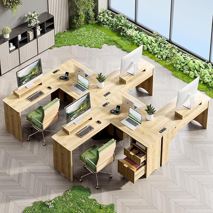 Bestier L Shaped Desk with Lift Desktop, 55 inch Corner Desk with Fluted Panel Deisgn Drawers, Modern Office Desk with File Drawer (Natual Oak, 55'' x 55'' Lift Top)
