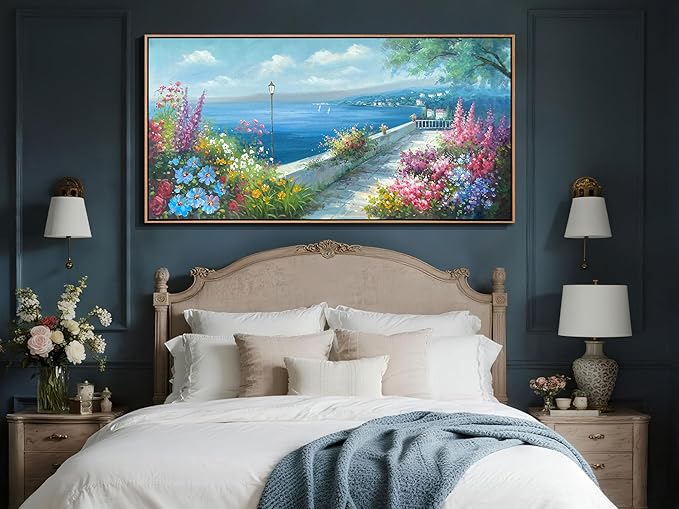 Arjun Blue Coastal Canvas Framed Wall Art for Living Room Ocean Landscape Painting Bedroom, Extra Large Hand Painted Seascape Flower Picture Artwork Home Office Wall Decor 58"x29"