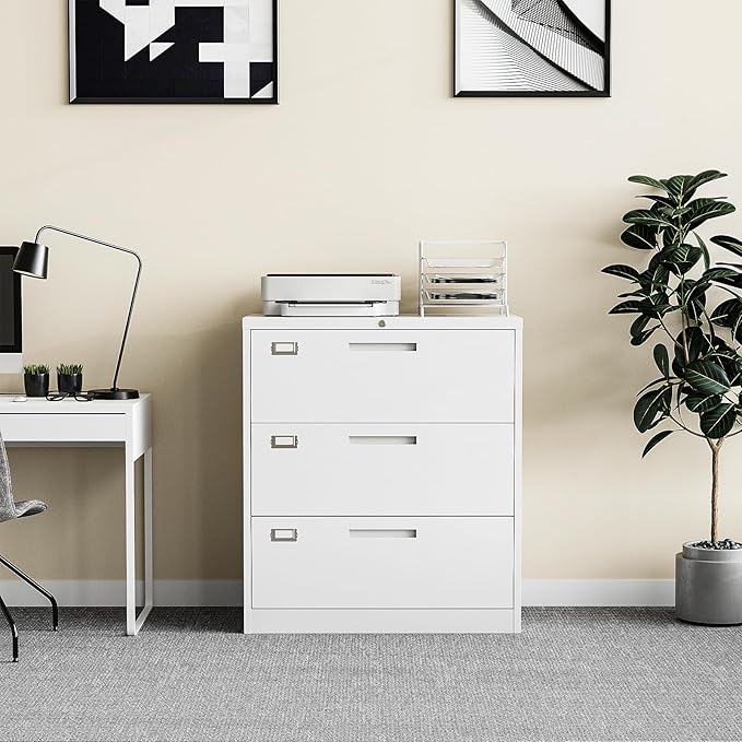 3 Drawer Lateral File Cabinet with Lock, Metal Filing Cabinets for Home Office, Wide Locking File Caninets, White Office Storage Cabnet for Hanging Letter/Legal / A4 / F4 - Assembly Required