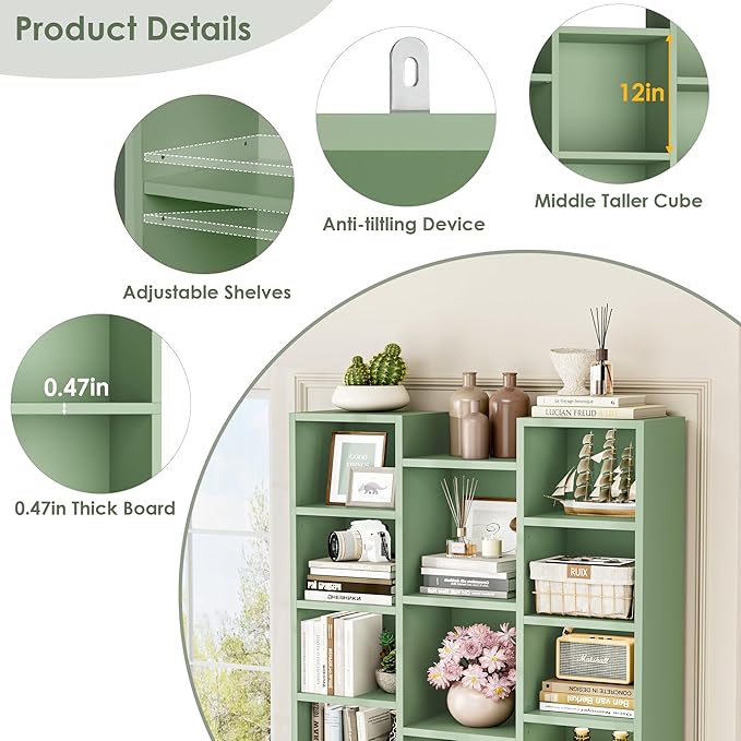 FOTOSOK 71'' Tall Bookshelf with 21 Cubes, 8 Tier Triple Wide Bookshelf with 8 Adjustable Shelves, 35" Large Bookcase DVD/CD Media Tower Storage, Freestanding Display Shelf Cabinet, Green