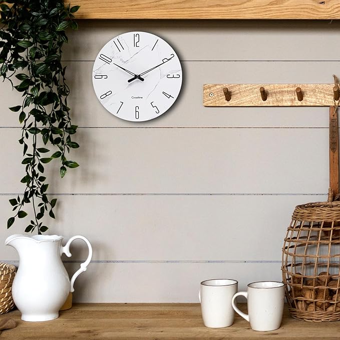 Glass Wall Clock White Marble Theme - 14" Battery Operated Silent Non-Ticking Quartz Modern Farmhouse Decor Round Clock for Home, Bathroom, Kitchen