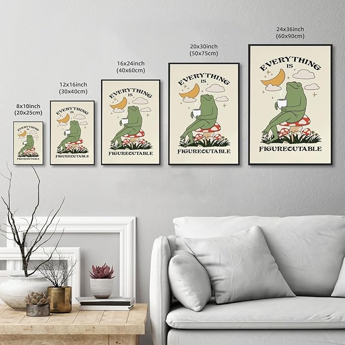 Everything Is Figureoutable Motivational Wall Art Funny Frog Coffee Inspirational Poster Positive Quote Daily Reminder Canvas Print Affirmation Wall Decor for Home Office 24x36inch Aluminum Framed