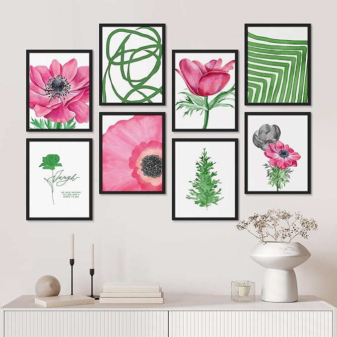 SIGNWIN Framed Poster Bathroom Decor, Wall Art Room Decor Multicolor for Living Room, Bedroom, Office Pink Daisy Jungle Tropical Botanical Palm Leaf Nature Abstract Shapes - 12"x16"x 8 Black