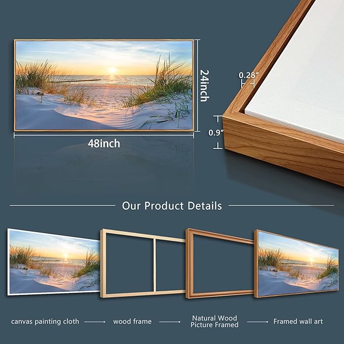 MHARTK66 Canvas Prints Wall Art Beach Sunrise Ocean Waves Beach Grass Nature Pictures Coastal Wall Decor Stretched Canvas Wooden Framed for living Room Bedroom and Office Home Decoration 24"x48"