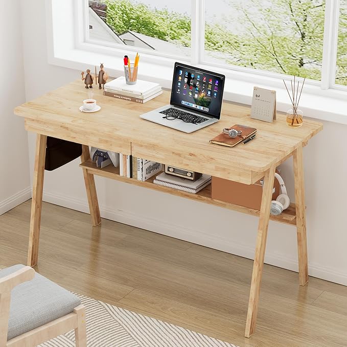 Solid Wood Desk with Drawers - 47.2 Inch Writing Desk with Drawers & Storage Shelf, Simple Modern Study Table, Home Office Computer Desks for Bedroom & Home, Natural Boho Desks