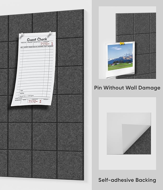 Large Cork Board for Walls 36" x 24", 6 Pack Felt Wall Tiles with Push Pins for Office Home, Pin Board Bulletin Board for Photo Pictures, Dark Gray
