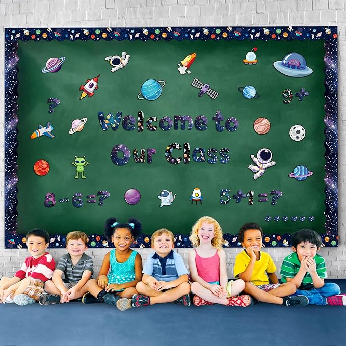Kosiz Space Bulletin Board Decoration Set 118 ft Scalloped Bulletin Board Borders Classroom Poster Border Trim with 257 Pcs Letter Number Symbol Cutout for School Decor
