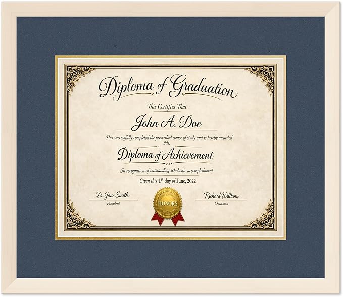 Diploma Frame Coastal Whitewash with Navy Blue Over Gold Double Mat - Fits 15 x 12 Military/Government Wall Display Made in the USA