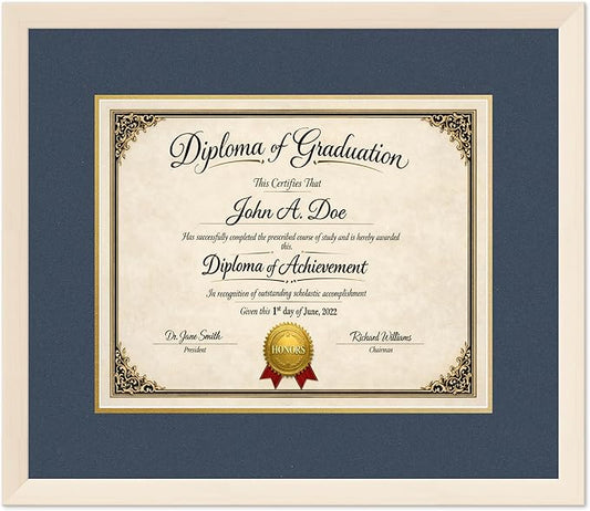 Diploma Frame Coastal Whitewash with Navy Blue Over Gold Double Mat - Fits 15 x 12 Military/Government Wall Display Made in the USA