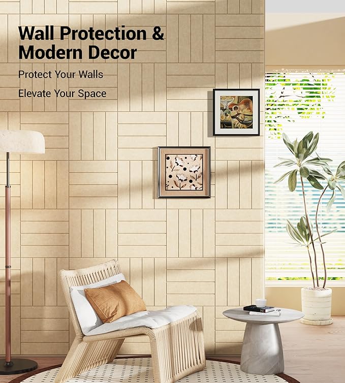 1/2" Thick Cork Board for Office, 6 Pack Felt Wall Tiles -28"x18" with Safe Adhesive Tabs, Large Bulletin Board, Push Pin Board Organizer Wall - Tan
